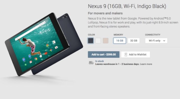  Nexus 9 availability will vary from 1 to 2 days 