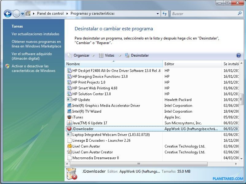 Ventana para desinstalar programas de Windows Vista