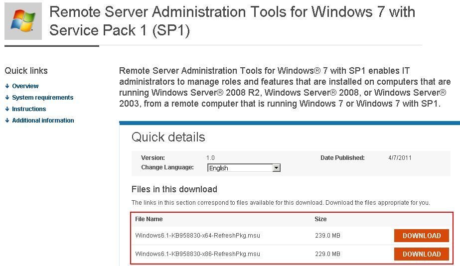 Ms Download Center RSAT Windows7