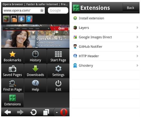 Opera Mobile para Android con soporte para extensiones