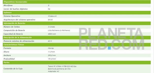 Especificaciones de Acer Iconia W700