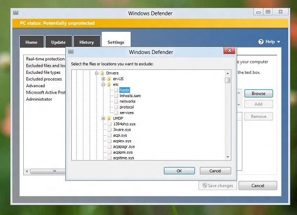 Windows Defender archivo hosts