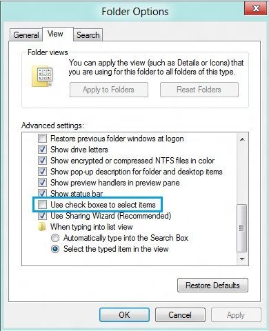 Desactivar casillas de verificacion en Windows 8