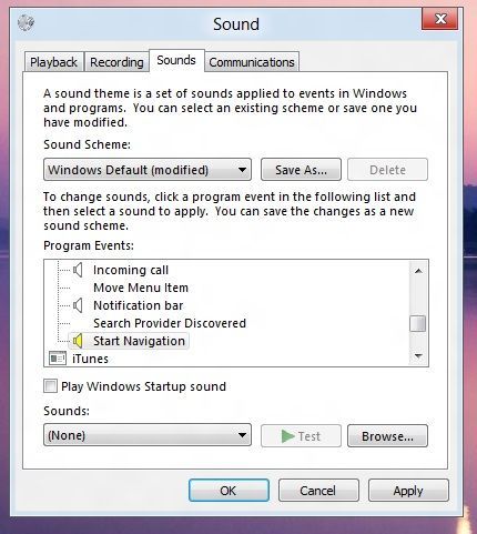 Desactivar sonidos del explorador, Windows 8