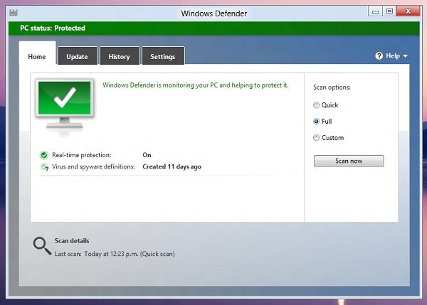 Windows Defender Antivirus de Windows 8