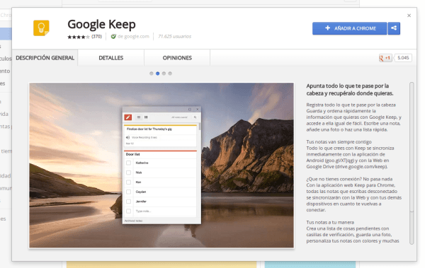 Google Keep en la Chrome Store