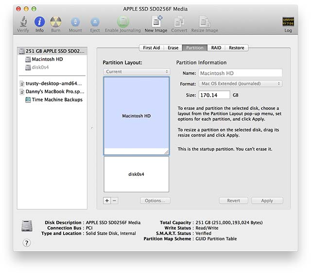 Utilidad de Disco de OS X para crear y modificar particiones en el Macbook Pro Retina