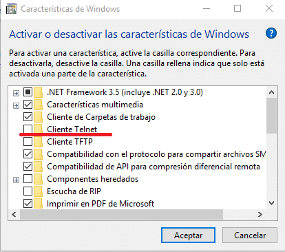 Utilizar Telnet en Windows 10