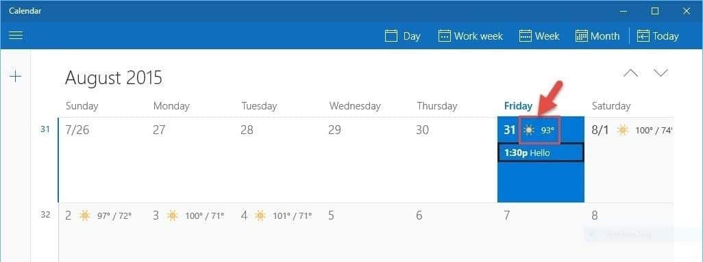 Información del tiempo en Windows 10 a través del calendario