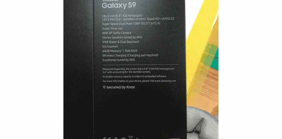 Caja del Samsung Galaxy S9 donde se muestran las especificaciones y/o características de este terminal.