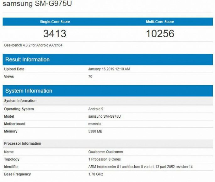 Samsung Galaxy S10+ características filtradas en Geekbench