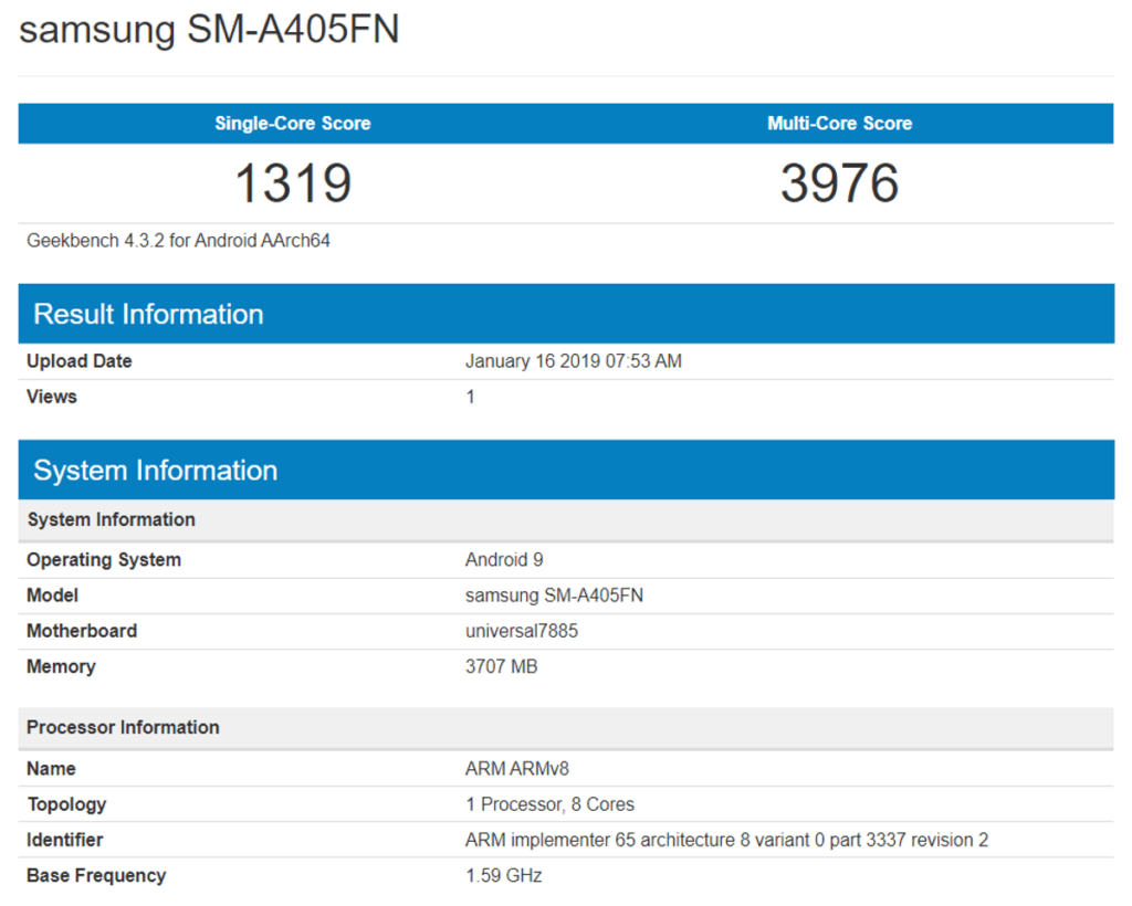 Samsung Galaxy A40 desvelado en base de datos del Geekbench