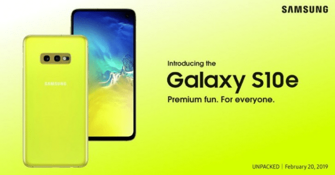 Cartel publicitario del Samsung Galaxy S10e amarillo