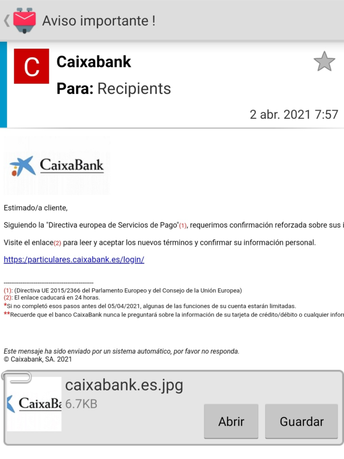 Email caixabank phising