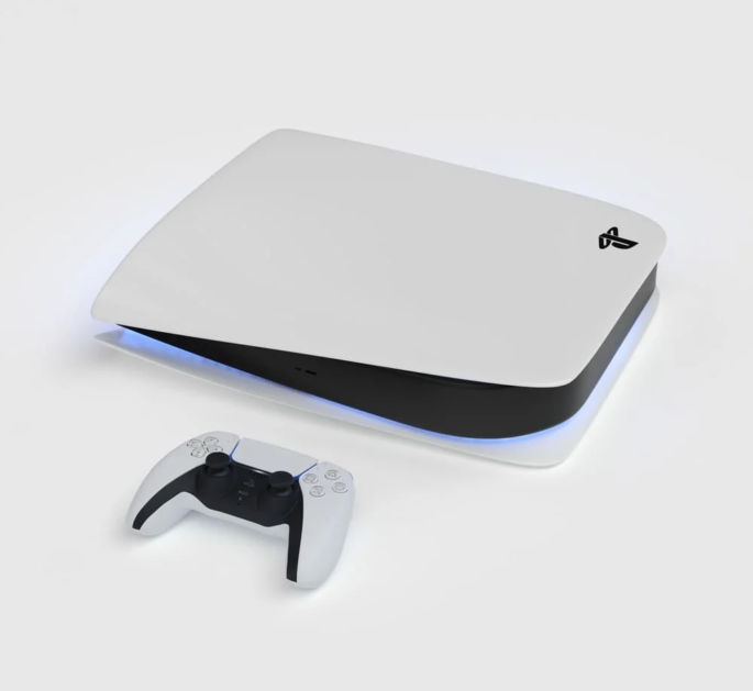 PlayStation 5 junto con su mando oficial en vista desde la parte frontal.