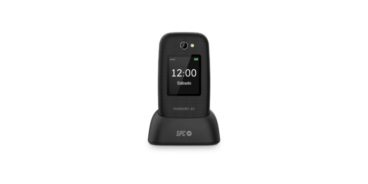 SPC Harmony - Telefono cellulare con chiusura per anziani con numeri e lettere grandi, doppio schermo, pulsante SOS, 3 memorie dirette, base di caricamento, Nero : Spc