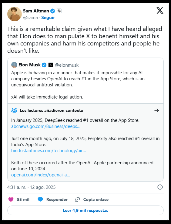 Elon Musk demanda a Apple y OpenAI por monopolio de ChatGPT