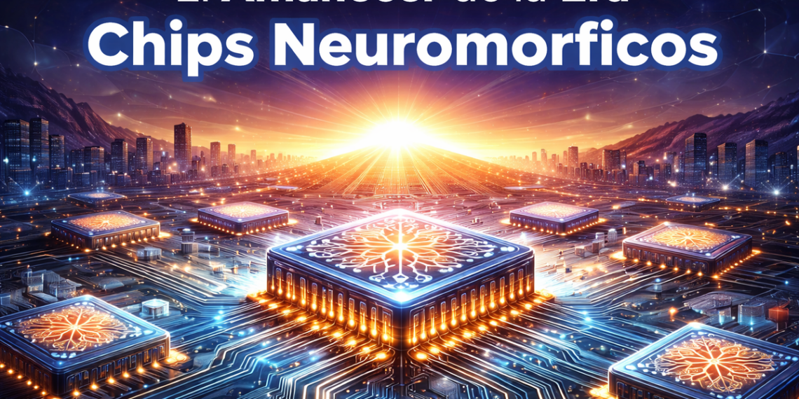 epresentación artística de una red neuronal neuromórfica en un chip de silicio con luz azul.