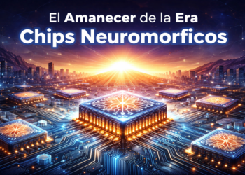 epresentación artística de una red neuronal neuromórfica en un chip de silicio con luz azul.