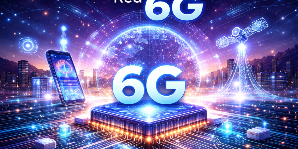 Infraestructura de red 6G conectando una ciudad inteligente en 2026.