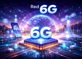 Infraestructura de red 6G conectando una ciudad inteligente en 2026.