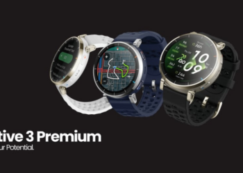 Smartwatch Amazfit Active 3 Premium en color Apex Silver con correa deportiva