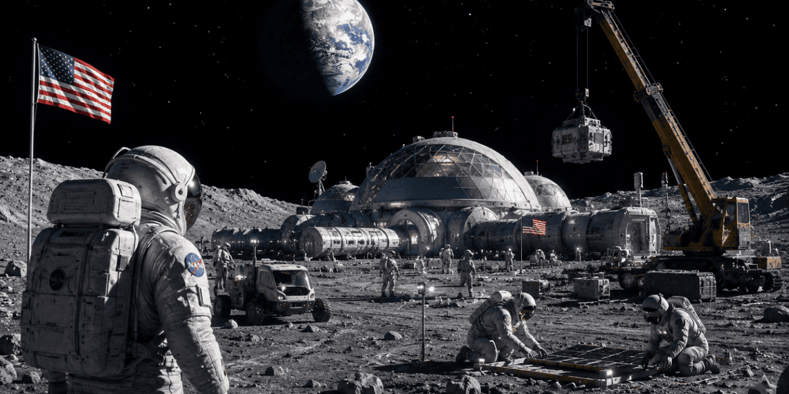 Ilustracion conceptual de una colonia humana en la Luna con modulos habitables y paneles solares de la NASA