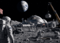 Ilustracion conceptual de una colonia humana en la Luna con modulos habitables y paneles solares de la NASA