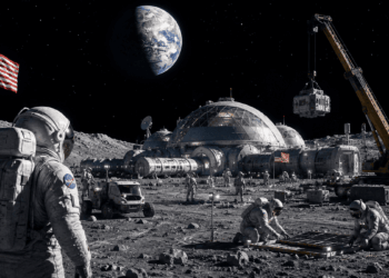 Ilustracion conceptual de una colonia humana en la Luna con modulos habitables y paneles solares de la NASA