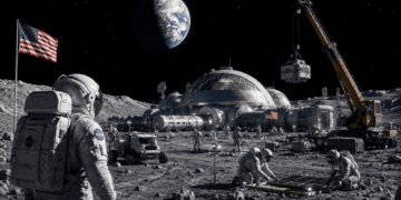 Ilustracion conceptual de una colonia humana en la Luna con modulos habitables y paneles solares de la NASA