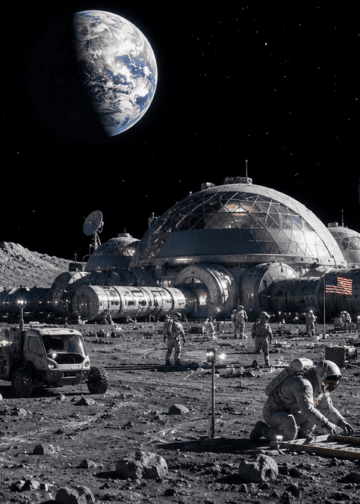 Ilustracion conceptual de una colonia humana en la Luna con modulos habitables y paneles solares de la NASA