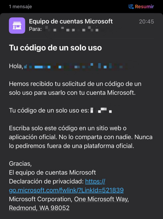 Correo de alerta código de seguridad de Microsoft oficial malicioso