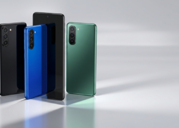 Render del teléfono Samsung Galaxy F70 Pro junto a un gráfico con las puntuaciones de Geekbench.