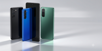 Render del teléfono Samsung Galaxy F70 Pro junto a un gráfico con las puntuaciones de Geekbench.