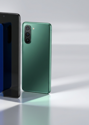 Render del teléfono Samsung Galaxy F70 Pro junto a un gráfico con las puntuaciones de Geekbench.