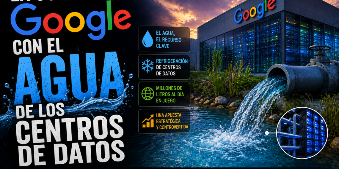 Torres de refrigeración de un centro de datos de Google junto a un gráfico de consumo de agua hídrico.