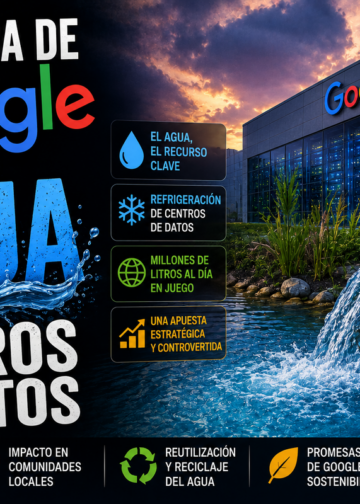 Torres de refrigeración de un centro de datos de Google junto a un gráfico de consumo de agua hídrico.