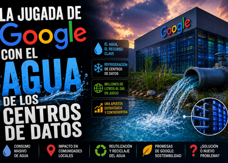 Torres de refrigeración de un centro de datos de Google junto a un gráfico de consumo de agua hídrico.