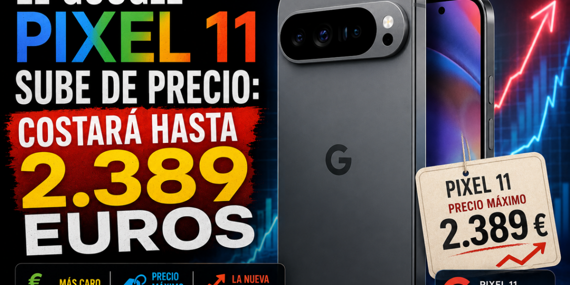 Concepto del smartphone Google Pixel 11 mostrando etiquetas con la subida de precio.