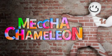Logotipo del juego Meccha Chameleon junto a un candado de seguridad y el icono de Discord.