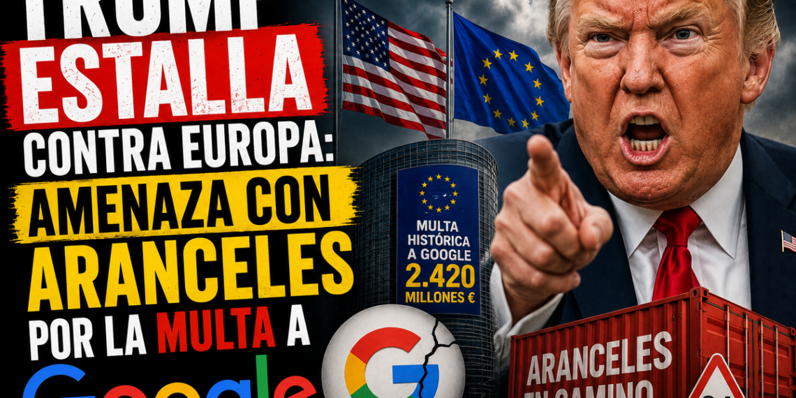 Donald Trump frente al logotipo de Google y la bandera de la Unión Europea simbolizando la tensión arancelaria.