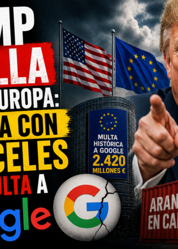 Donald Trump frente al logotipo de Google y la bandera de la Unión Europea simbolizando la tensión arancelaria.