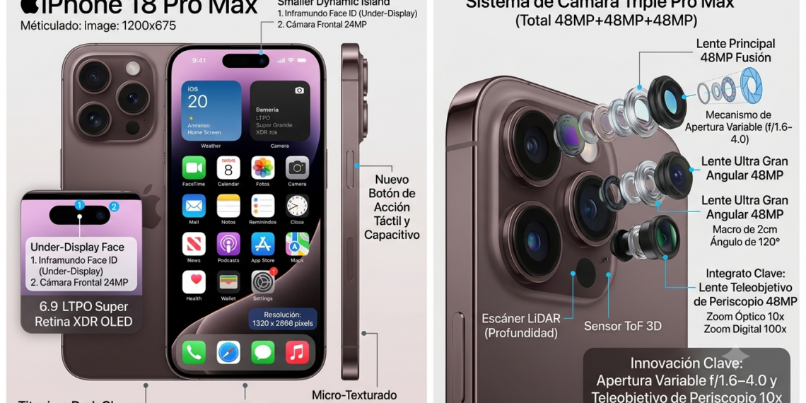 Render del iPhone 18 Pro Max mostrando su pantalla y el nuevo módulo de cámaras traseras.