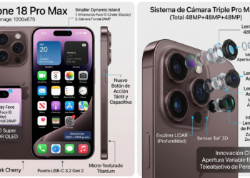 Render del iPhone 18 Pro Max mostrando su pantalla y el nuevo módulo de cámaras traseras.