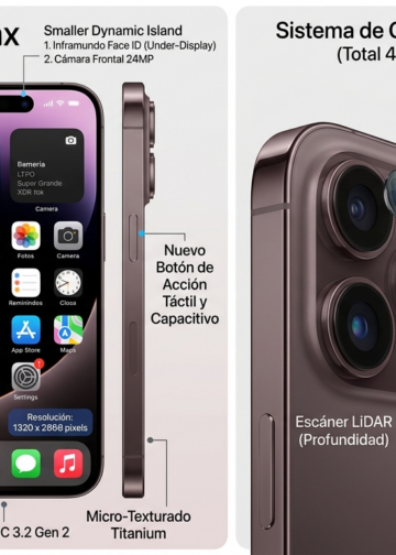 Render del iPhone 18 Pro Max mostrando su pantalla y el nuevo módulo de cámaras traseras.