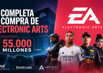 Logotipo de Electronic Arts sobre un fondo con la sede central de la compañía y gráficos financieros.