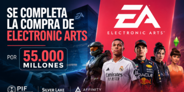 Logotipo de Electronic Arts sobre un fondo con la sede central de la compañía y gráficos financieros.