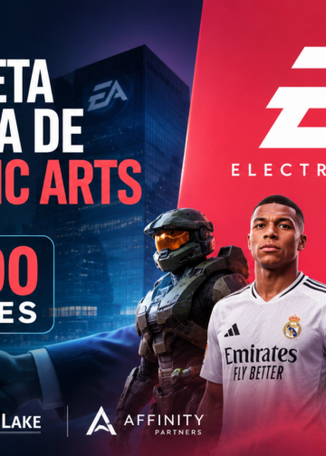 Logotipo de Electronic Arts sobre un fondo con la sede central de la compañía y gráficos financieros.