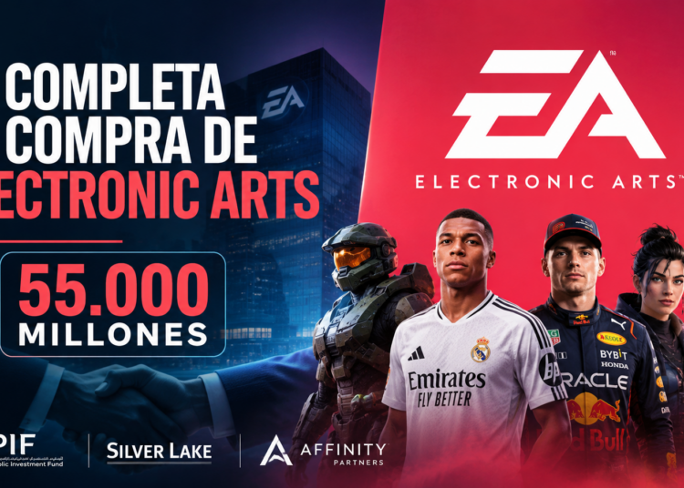 Logotipo de Electronic Arts sobre un fondo con la sede central de la compañía y gráficos financieros.