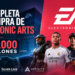 Logotipo de Electronic Arts sobre un fondo con la sede central de la compañía y gráficos financieros.